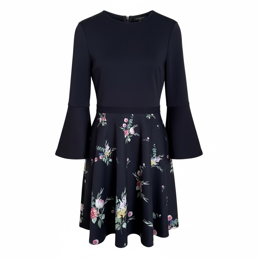 Ted Baker London Navy Floral Bell Sleeve Skater Dress Size 1 (US 4)